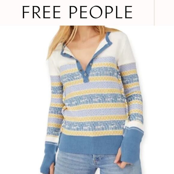NEW XL FREE PEOPLE BLUE YELLOW CREAM NORDIC BUTTON SWEATER Apres Ski NWT - Picture 1 of 14